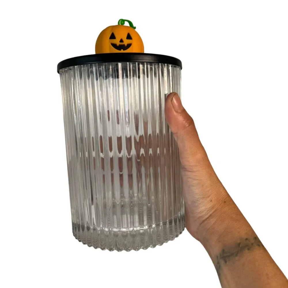 Clear Ribbed Glass Canister Jar w/ Lid Pumpkin Jack O Lantern Halloween Goth Emo - Picture 8 of 8
